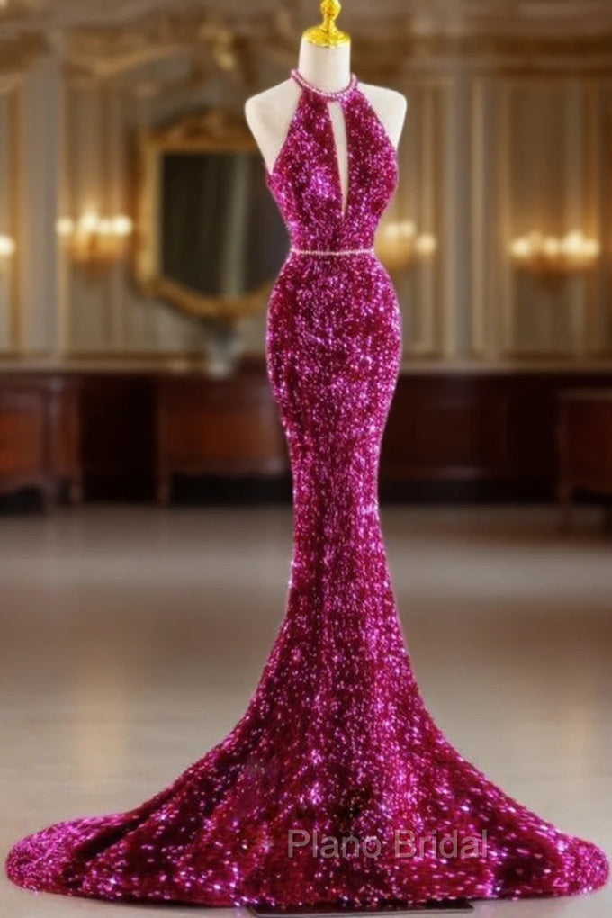 Fuchsia Mermaid Sequins Halter Formal Prom Dresses Main image