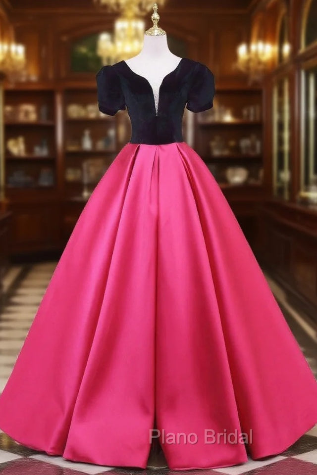 Fuchsia Satin Black Velvet Short Sleeve Formal Prom Dresses