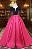 Fuchsia Satin Black Velvet Short Sleeve Formal Prom Dresses