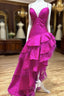 Fuchsia Satin  Spaghetti Straps Feather Formal Prom Dresses