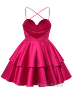 Fuchsia Satin Homecoming Dress Sweetheart Neck Tiered Short Graduation Dresses