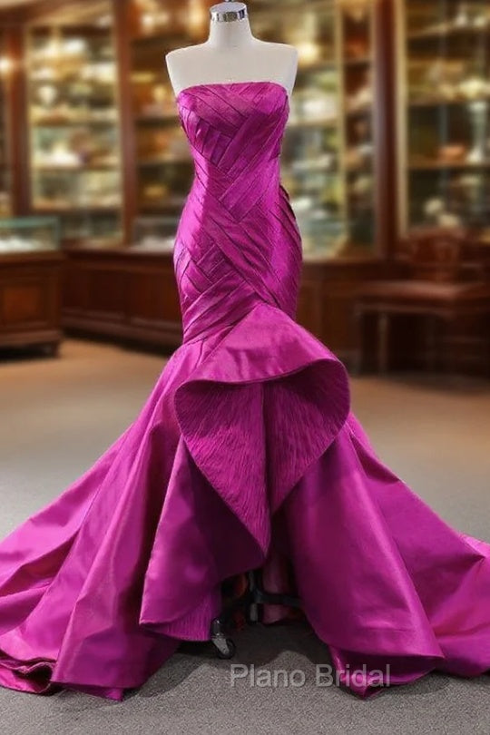 Fuchsia Satin Mermaid  Pleats Formal Prom Dresses