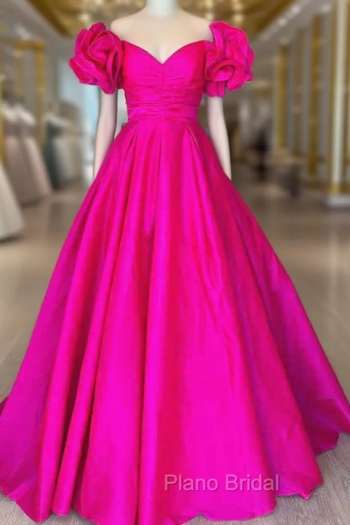 Fuchsia Satin Off the Shoulder Ruffle Formal Prom Dresses Main image