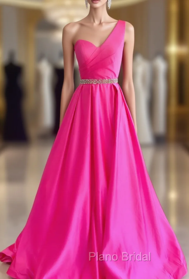 Fuchsia Satin One Shoulder Pleats Formal Prom Dresses