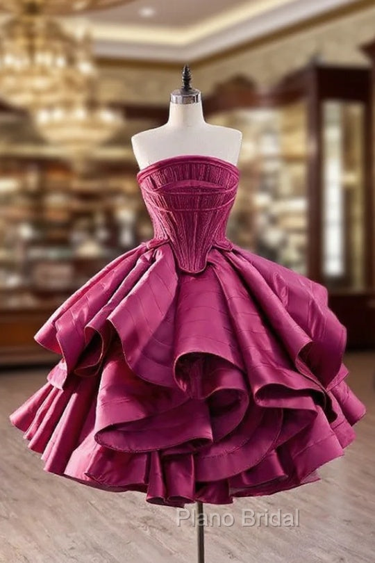 Fuchsia Satin Strapless Pleats Homecoming Dresses Main image