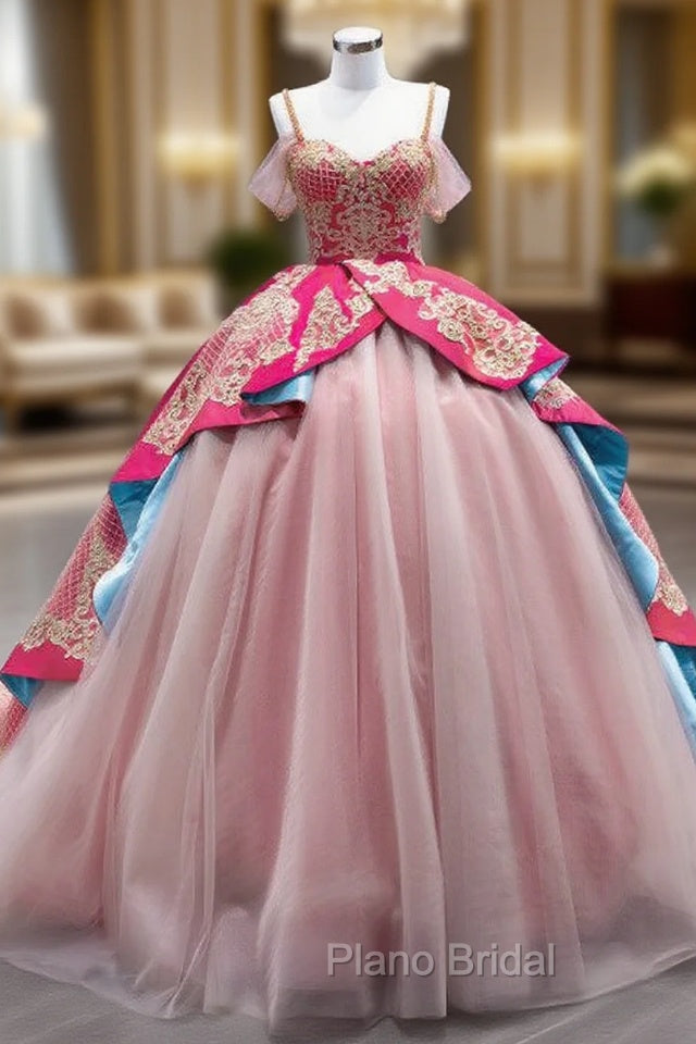 Fuchsia Satin Tulle Spaghetti Straps Appliques Formal Prom Dresses Main image