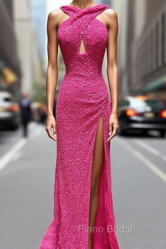Fuchsia Sequins Backless Formal Prom Dresses