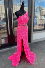 Fuchsia Sequins One Shoulder Cut-Out Tassels Long Formal Prom Dresses With Slit
