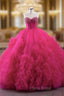 Fuchsia Tulle Sweetheart Neck Pearls Formal Prom Dresses