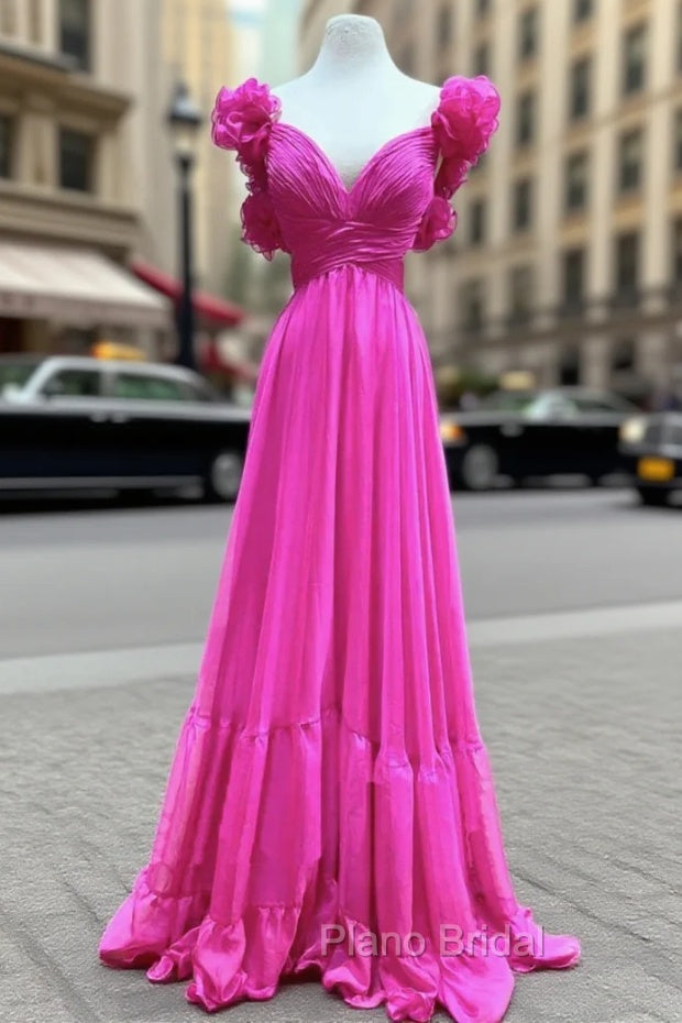 Fuchsia V-neck Pleats Backless Formal Prom Dresses