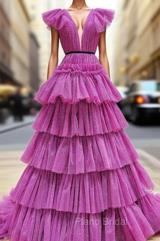 Fuchsia V-neck Pleats Tiers Formal Prom Dresses Main image