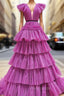 Fuchsia V-neck Pleats Tiers Formal Prom Dresses