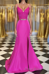 Fuchsia V Neck Two Pieces Mermaid Lace Top Satin Long Formal Prom Dress with Slit, Mermaid Lace Fuchsia Formal Graduation Evening Dresses