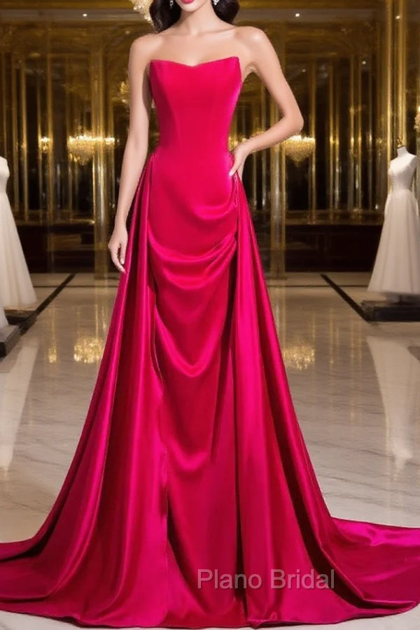 Fuchsia Velvet Satin Strapless Pleats Formal Prom Dresses