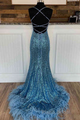 Long Sequined Blue Straps Formal Prom Dresses with Feather Hem
