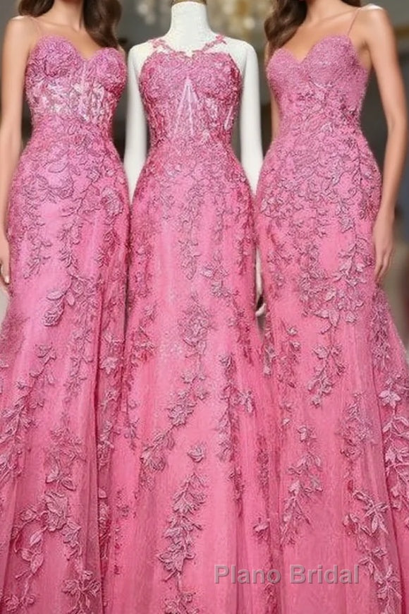 Gorgeous Hot Pink Lace Appliques Long Prom Dresses