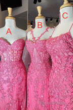 Gorgeous Hot Pink Lace Appliques Long Prom Dresses