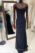 Black Pleated Long Formal Prom Dresses with Spaghetti Straps