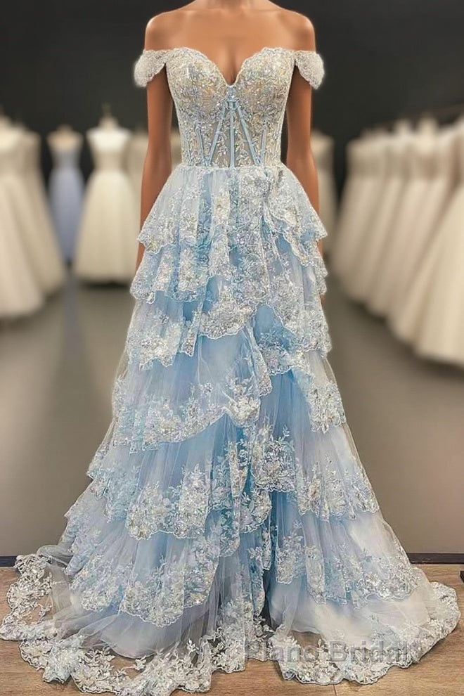 Light Blue Corset Lace Tiered Tulle Long Prom Dresses