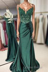 Mermaid Emerald Green Straps Ruched Formal Prom Dresses with Slit