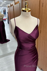 Cabernet Satin V Neck Lace-Up Back Pleated Long Formal Prom Dress with Silt