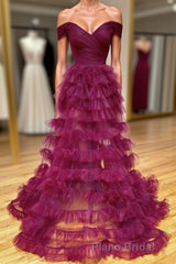Off the Shoulder Burgundy Pleated Sheer Tiered Formal Prom Dresses