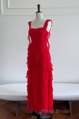 Square Neck Red Ruffle Chiffon Long Party Dresses