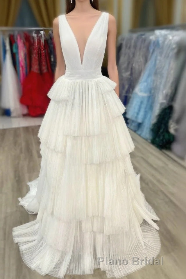 White V-Neck Pleated Layered Long Prom Dresses