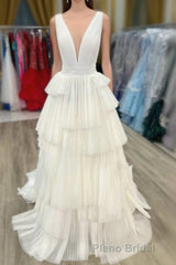 White V-Neck Pleated Layered Long Prom Dresses