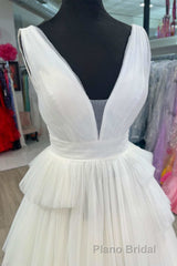White V-Neck Pleated Layered Long Prom Dresses