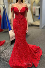 Off the Shoulder Red Sheer Lace Corset Mermaid Formal Prom Dresses