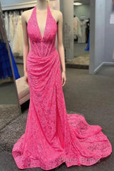 Halter Hot Pink Lace Ruched Mermaid Formal Prom Dresses