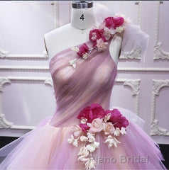 Puffy One Shoulder Sleeveless Tulle Formal Prom Dresses with Flowers, Ruffles Quinceanera Dresses