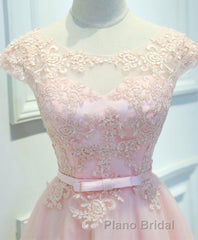 Pink Lace Tulle Short Formal Prom Dresses, Pink Evening Dresses