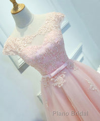 Pink Lace Tulle Short Formal Prom Dresses, Pink Evening Dresses