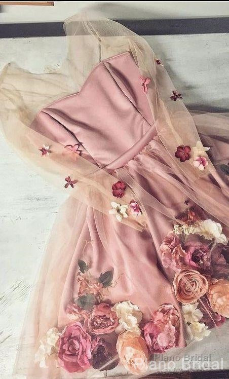 Chic A Line V Neck Hand Made Flower Homecoming Dresses, Unique Short Prom Dress, Long Sleeve Homecoming Dresses Secondary image