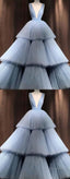 Blue V Neck Tulle Long Prom Dress, Blue Tulle Evening Dress