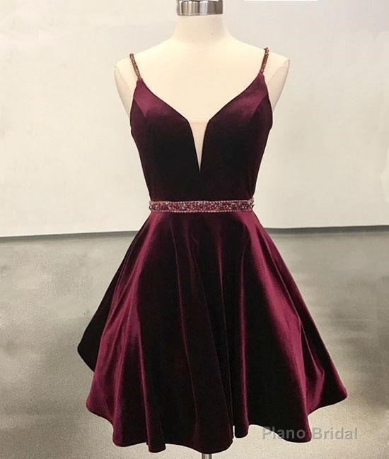 Simple V Neck Velvet Short Burgundy Prom Dress Main image