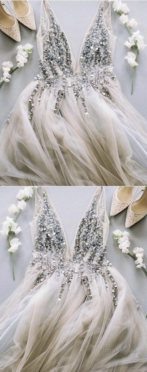 Deep V Neck Long Tulle Split Prom Evening Dresses With Sequins And Beads Main image