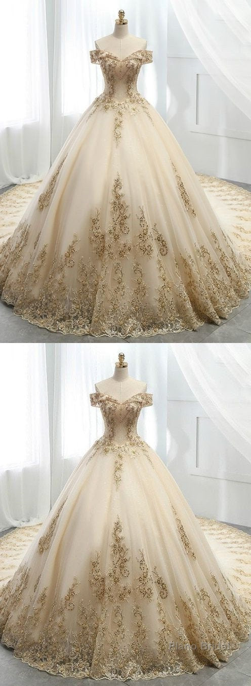 Champagne Ball Gown Tulle Gold Lace Appliques Wedding Dress Main image