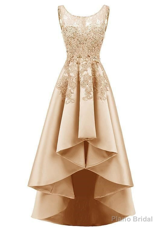 In Stock Pretty Tulle Amp Satin Scoop Neckline Hi Lo A Line Prom Dresses With Hot Fix Rhinestones Amp Lace Appliques Main image