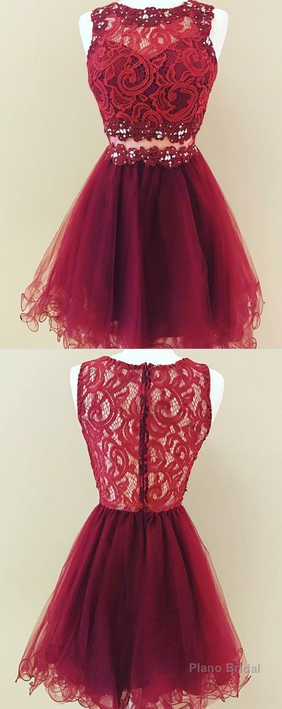 A Line Jewel Short Burgundy Tulle Homecoming Dress With Lace Sequins Main image