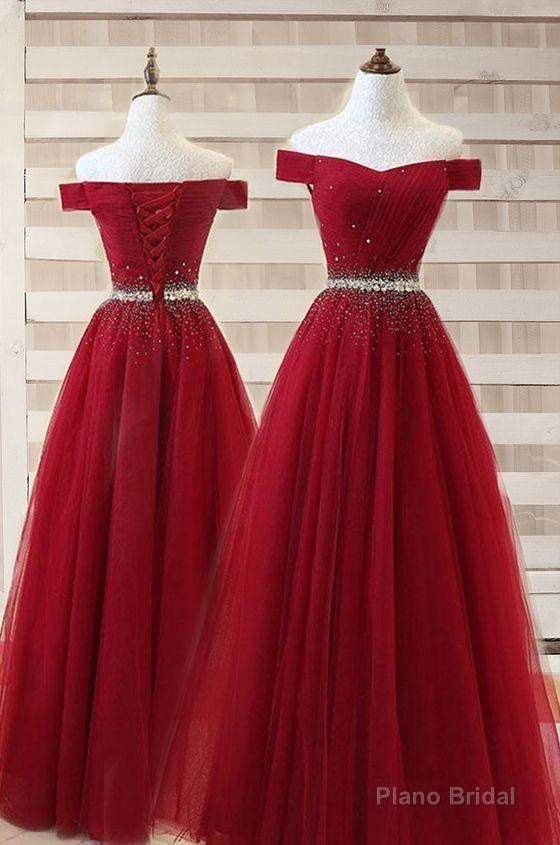 Burgundy A Line Off The Shoulder Sweetheart Prom Dresses, Beads Evening Dresses Main image