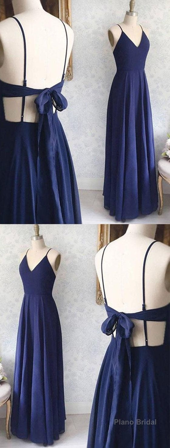Great Evening Dresses, Backless Sexy Spaghetti Straps Backless Navy Blue Chiffon A Line Floor Length Prom Dress