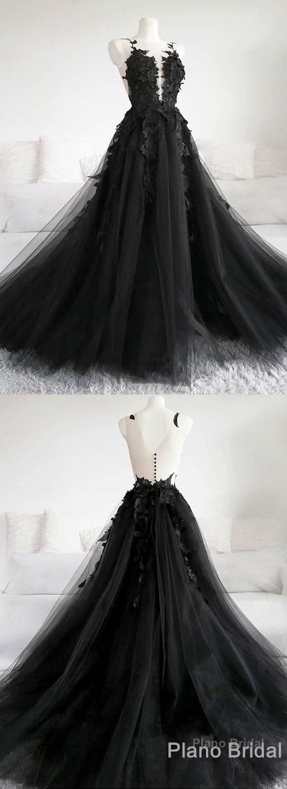 Black Tulle Applique Long Prom Dress, Black Evening Dress Secondary image