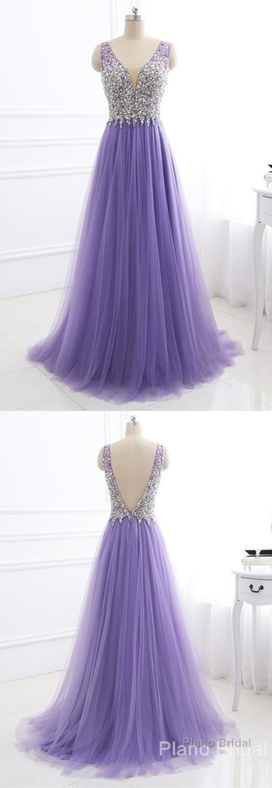 Purple Tulle V Neck Silver Beaded Long Evening Dress, Purple Halter Prom Dress Secondary image