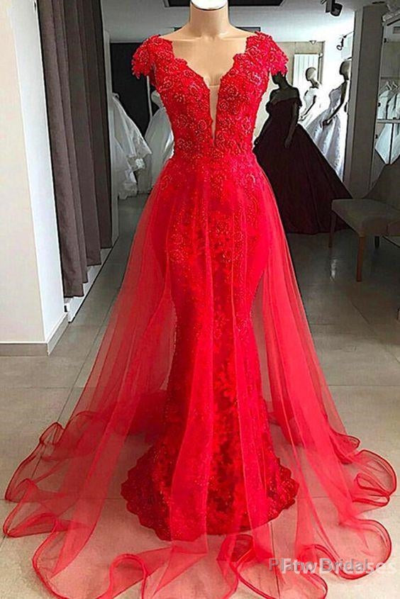 red lace cap sleeve long v neck formal prom dress beaded evening dress Main image