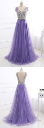 Purple Tulle V Neck Silver Beaded Long Evening Dress, Purple Halter Prom Dress