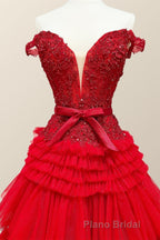 Off the Shoulder Red Appliques Tiered Long Prom Dresses