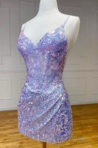 Purple Straps Sequined Embroidery Sheath Homecoming Dresses